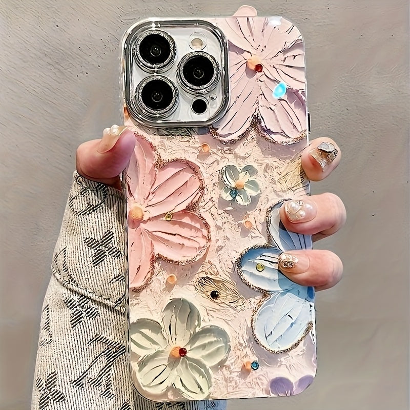 Hand-Painted Colorful Floral Phone Case, Suitable for Apple iPhone 11/12/13/14/16/15/14/13/12/11 Pro Max XS/XR/X/7/8 Plus - Silvery Feather Yarn - Multicolor Flowers 399XS