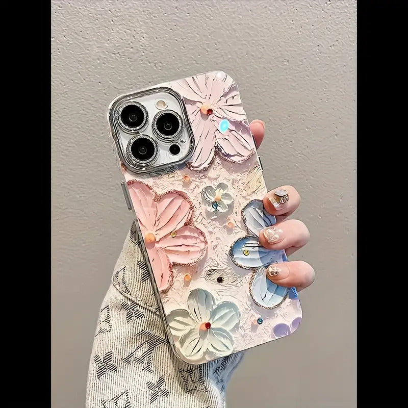 Hand-Painted Colorful Floral Phone Case, Suitable for Apple iPhone 11/12/13/14/16/15/14/13/12/11 Pro Max XS/XR/X/7/8 Plus - Silvery Feather Yarn - Multicolor Flowers 399XS