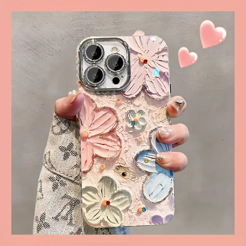 Hand-Painted Colorful Floral Phone Case, Suitable for Apple iPhone 11/12/13/14/16/15/14/13/12/11 Pro Max XS/XR/X/7/8 Plus - Silvery Feather Yarn - Multicolor Flowers 399XS
