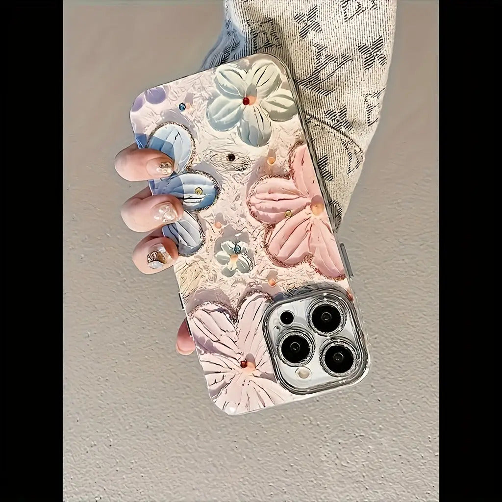 Hand-Painted Colorful Floral Phone Case, Suitable for Apple iPhone 11/12/13/14/16/15/14/13/12/11 Pro Max XS/XR/X/7/8 Plus - Silvery Feather Yarn - Multicolor Flowers 399XS