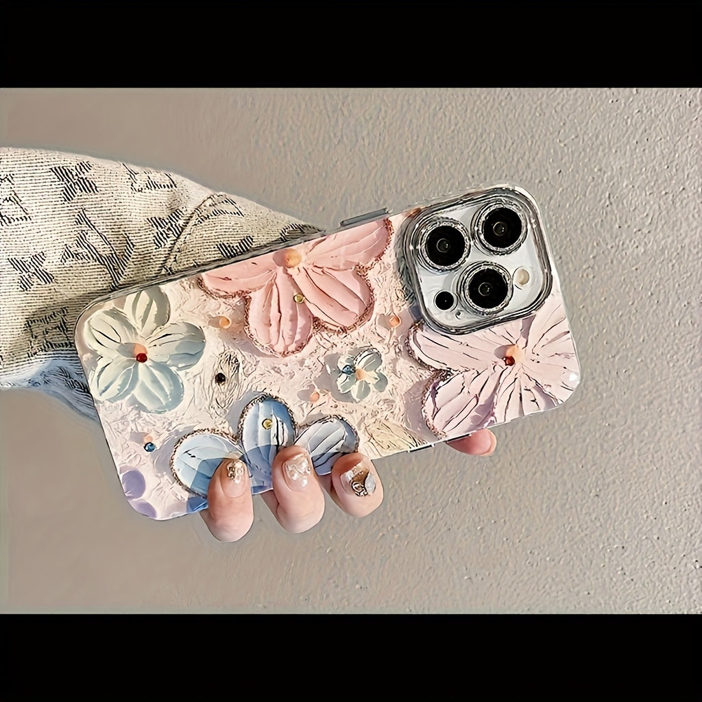 Hand-Painted Colorful Floral Phone Case, Suitable for Apple iPhone 11/12/13/14/16/15/14/13/12/11 Pro Max XS/XR/X/7/8 Plus - Silvery Feather Yarn - Multicolor Flowers 399XS