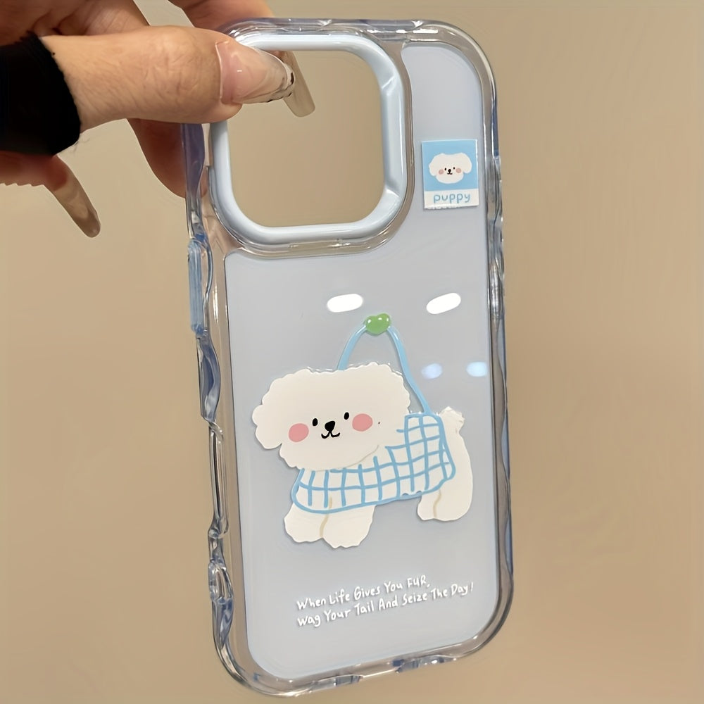 1pc Cute Cartoon Style Grille Bag Puppy Pendant Wavy Jelly Phone Case for Iphone16/11/13/15/15 Plus/15 Pro/15 Pro Max/12/14 Pro Max/11 Pro Max/12 Pro/12 Pro Max/13 Pro/13 Pro Max/14 Pro/14 Plus with Charming Back ~ Ripple Jelly-Blue Shell Blue Frame-Dog H