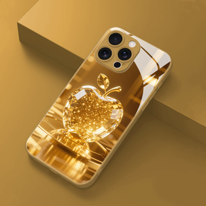 Stylish and Premium Golden Shiny Crystal Apple Pattern Phone Case Suitable for iPhone 16/16Pro/16ProMax/16Plus/16E/15/15Plus/15Pro/15Promax, 14/14Plus/14Pro/14Promax, 13/13Pro/13Promax, 12/12Pro/12Promax, 11/11Pro/11ProMax, High-Quality Glass Protection C