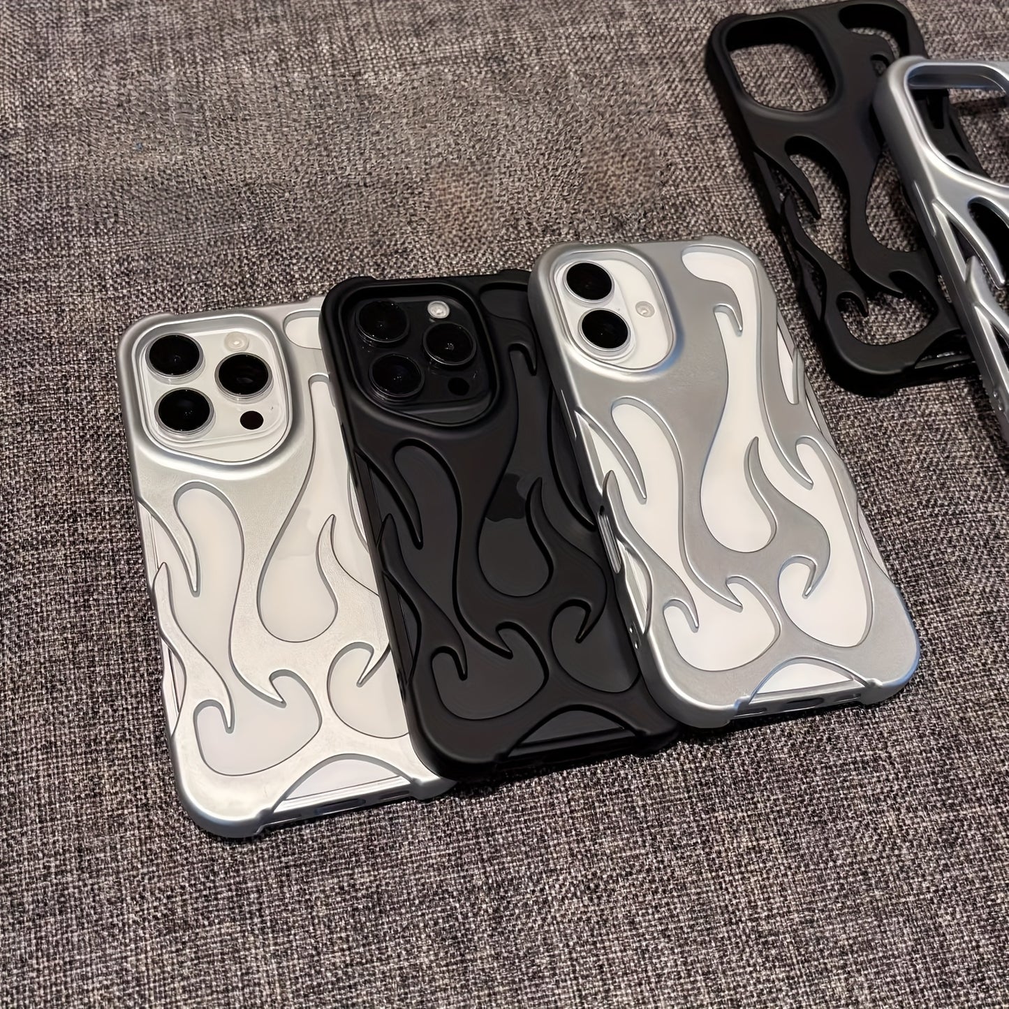 The New Creative Hollow Flame Pattern Phone Case Is Suitable for Iphone 16, 15, 14, 13, 12, And Promax, Featuring a Stylish Design with Ventilation for Drop Protection.
