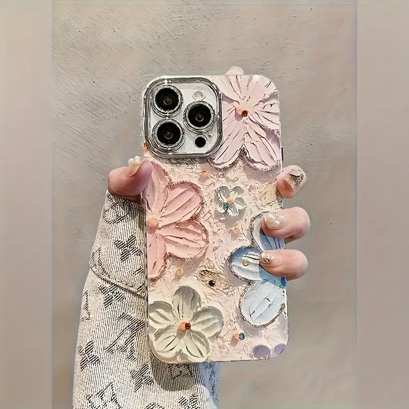 Hand-Painted Colorful Floral Phone Case, Suitable for Apple iPhone 11/12/13/14/16/15/14/13/12/11 Pro Max XS/XR/X/7/8 Plus - Silvery Feather Yarn - Multicolor Flowers 399XS