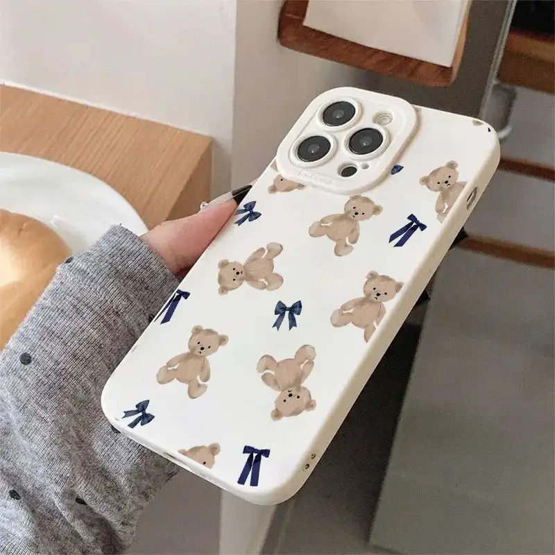Cartoon Bear and Bow Pattern UV Printing Matte Phone Angel Eyes Soft Phone Case Cover 360 Degree Full Protection Suitable for iPhone 16 11 12 13 14 15 Pro Max XR X/ XS 7 8 Plus SE Mini for Smartphone