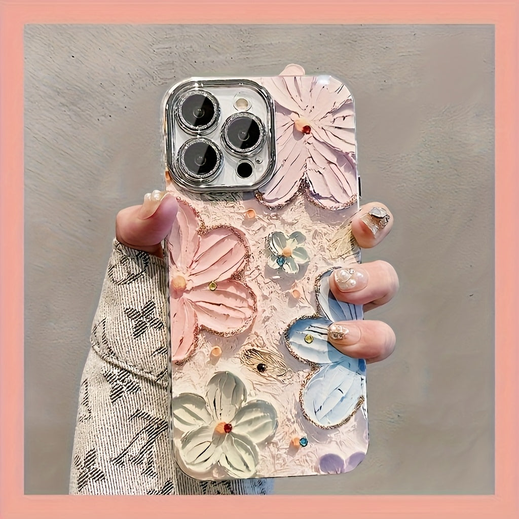 Hand-Painted Colorful Floral Phone Case, Suitable for Apple iPhone 11/12/13/14/16/15/14/13/12/11 Pro Max XS/XR/X/7/8 Plus - Silvery Feather Yarn - Multicolor Flowers 399XS