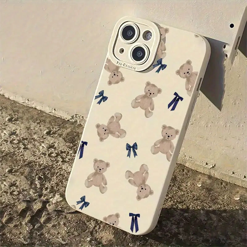 Cartoon Bear and Bow Pattern UV Printing Matte Phone Angel Eyes Soft Phone Case Cover 360 Degree Full Protection Suitable for iPhone 16 11 12 13 14 15 Pro Max XR X/ XS 7 8 Plus SE Mini for Smartphone