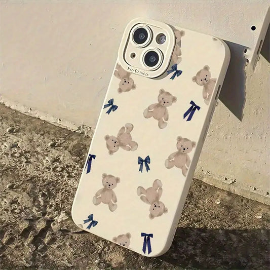 Cartoon Bear and Bow Pattern UV Printing Matte Phone Angel Eyes Soft Phone Case Cover 360 Degree Full Protection Suitable for iPhone 16 11 12 13 14 15 Pro Max XR X/ XS 7 8 Plus SE Mini for Smartphone