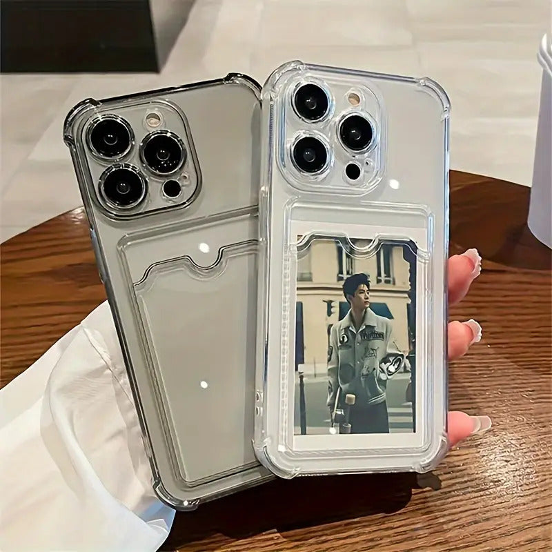 Clear Simple Transparent Card Slot Bag Phone Case, Soft Protective Case for iPhone 16 15 14 13 12 11 XS XR X 7 8 Mini Plus Pro Max Wallet Id/Bank Card/Card Sleeve Phone Case/Can Hold Photos