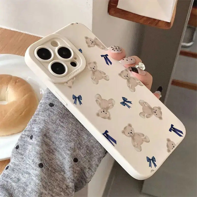 Cartoon Bear and Bow Pattern UV Printing Matte Phone Angel Eyes Soft Phone Case Cover 360 Degree Full Protection Suitable for iPhone 16 11 12 13 14 15 Pro Max XR X/ XS 7 8 Plus SE Mini for Smartphone