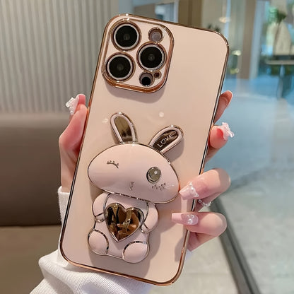 Designed for iPhone 11, iPhone 13, iPhone 14, iPhone 13 Pro Max, iPhone 14 Pro Max, iPhone 15, iPhone 15 Pro, iPhone 5 Pro Max, iPhone 16, iPhone 16 Pro, iPhone 16 Plus and iPhone 16 Pro Max Cute and Simple Electroplated Rabbit Holder Protective Case