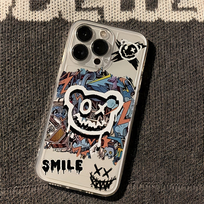 Super Cool Bear Graffiti Transparent Mobile Phone Case, Suitable for iPhone Models, Anti-fall, Protective Case, Popular Style