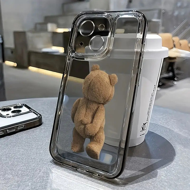 Transparent Full-Cover Cartoon Teddy Bear Back TPU Protective Mobile Phone Case, Suitable for Iphone 15/14/13/12/11/Xs/Xr/X/7/8/16Pro/15Plus/16Pro Max Protective Case