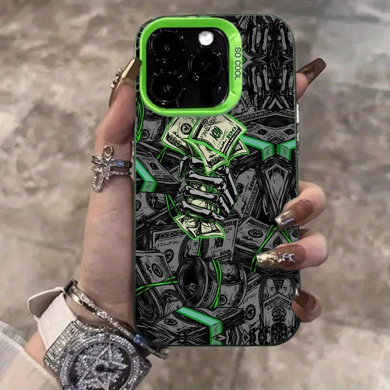 Trendy Money Skeleton Hand Pattern Phone Case, Suitable for Iphone 16Promax 16Pro 16Plus 16 15Promax 15Pro 15Plus 15 14Promax 14Pro 14 13Promax 13Pro 13 12Promax 12Pro 12 11Promax 11Pro 11, Stylish Phone Shock Absorber Cover