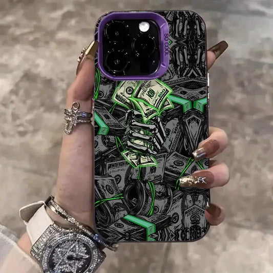 Trendy Money Skeleton Hand Pattern Phone Case, Suitable for Iphone 16Promax 16Pro 16Plus 16 15Promax 15Pro 15Plus 15 14Promax 14Pro 14 13Promax 13Pro 13 12Promax 12Pro 12 11Promax 11Pro 11, Stylish Phone Shock Absorber Cover