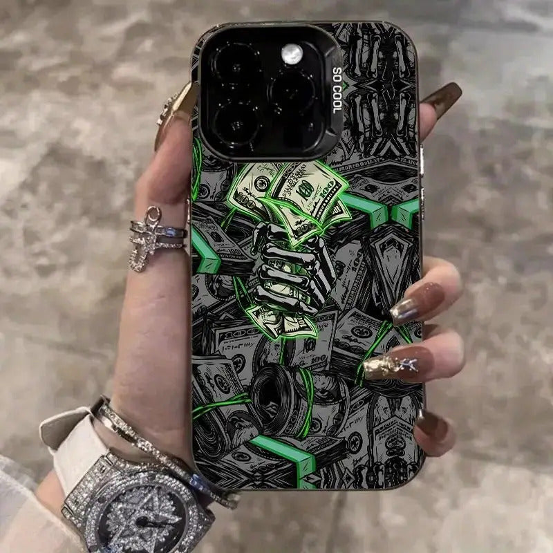 Trendy Money Skeleton Hand Pattern Phone Case, Suitable for Iphone 16Promax 16Pro 16Plus 16 15Promax 15Pro 15Plus 15 14Promax 14Pro 14 13Promax 13Pro 13 12Promax 12Pro 12 11Promax 11Pro 11, Stylish Phone Shock Absorber Cover