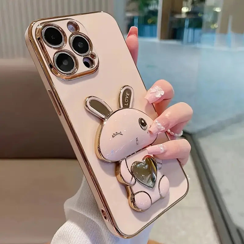 Designed for iPhone 11, iPhone 13, iPhone 14, iPhone 13 Pro Max, iPhone 14 Pro Max, iPhone 15, iPhone 15 Pro, iPhone 5 Pro Max, iPhone 16, iPhone 16 Pro, iPhone 16 Plus and iPhone 16 Pro Max Cute and Simple Electroplated Rabbit Holder Protective Case