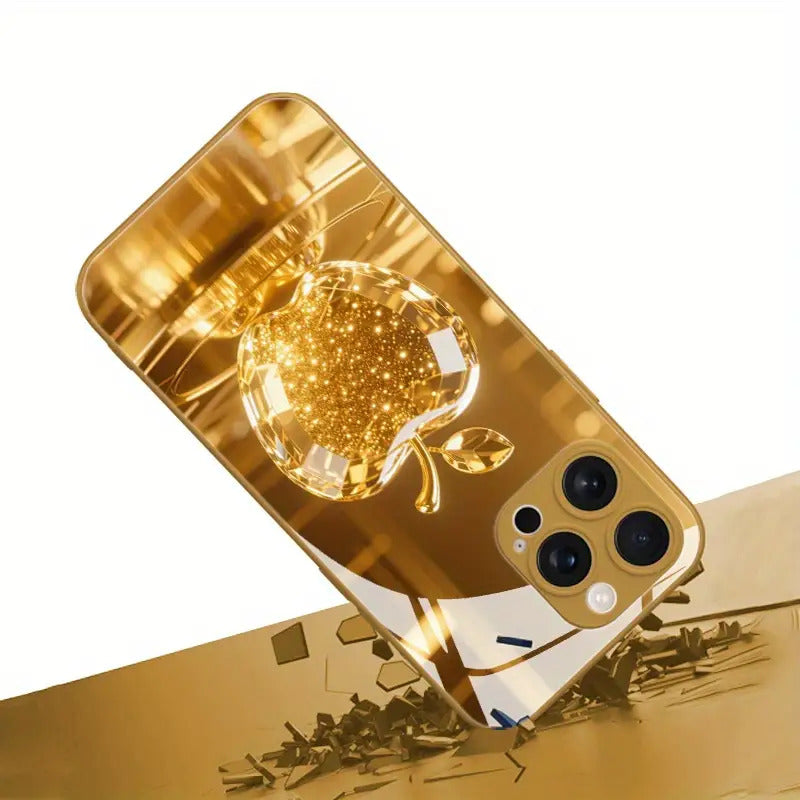 Stylish and Premium Golden Shiny Crystal Apple Pattern Phone Case Suitable for iPhone 16/16Pro/16ProMax/16Plus/16E/15/15Plus/15Pro/15Promax, 14/14Plus/14Pro/14Promax, 13/13Pro/13Promax, 12/12Pro/12Promax, 11/11Pro/11ProMax, High-Quality Glass Protection C