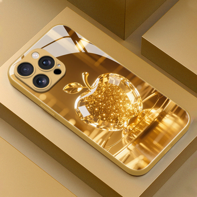 Stylish and Premium Golden Shiny Crystal Apple Pattern Phone Case Suitable for iPhone 16/16Pro/16ProMax/16Plus/16E/15/15Plus/15Pro/15Promax, 14/14Plus/14Pro/14Promax, 13/13Pro/13Promax, 12/12Pro/12Promax, 11/11Pro/11ProMax, High-Quality Glass Protection C