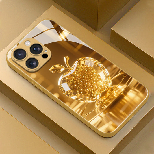 Stylish and Premium Golden Shiny Crystal Apple Pattern Phone Case Suitable for iPhone 16/16Pro/16ProMax/16Plus/16E/15/15Plus/15Pro/15Promax, 14/14Plus/14Pro/14Promax, 13/13Pro/13Promax, 12/12Pro/12Promax, 11/11Pro/11ProMax, High-Quality Glass Protection C