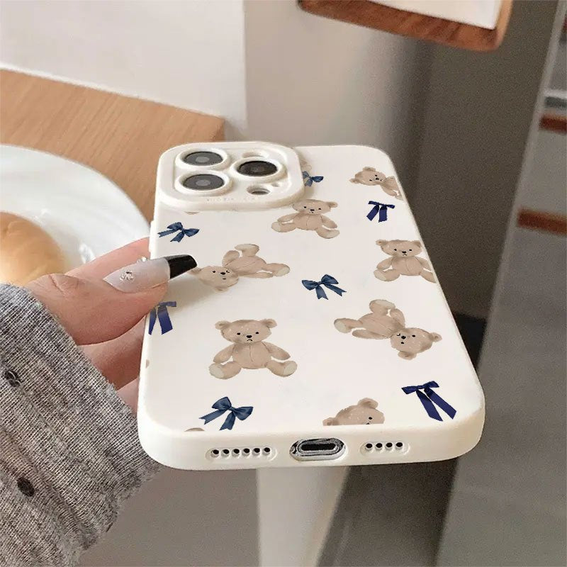 Cartoon Bear and Bow Pattern UV Printing Matte Phone Angel Eyes Soft Phone Case Cover 360 Degree Full Protection Suitable for iPhone 16 11 12 13 14 15 Pro Max XR X/ XS 7 8 Plus SE Mini for Smartphone
