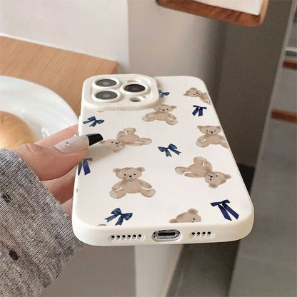 Cartoon Bear and Bow Pattern UV Printing Matte Phone Angel Eyes Soft Phone Case Cover 360 Degree Full Protection Suitable for iPhone 16 11 12 13 14 15 Pro Max XR X/ XS 7 8 Plus SE Mini for Smartphone