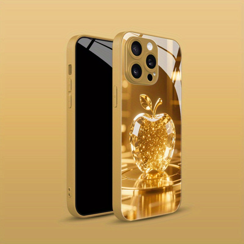 Stylish and Premium Golden Shiny Crystal Apple Pattern Phone Case Suitable for iPhone 16/16Pro/16ProMax/16Plus/16E/15/15Plus/15Pro/15Promax, 14/14Plus/14Pro/14Promax, 13/13Pro/13Promax, 12/12Pro/12Promax, 11/11Pro/11ProMax, High-Quality Glass Protection C
