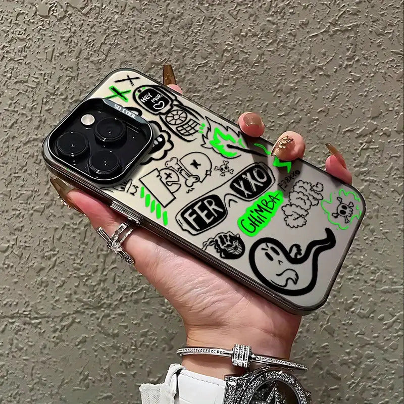 Street Trend: Black Mobile Phone Case, Graffiti and Text Patterns Bring a Trendy and Personal Touch, Suitable for iPhone 16 15, 14, 13, 12, 11 Pro Max, XS, XR