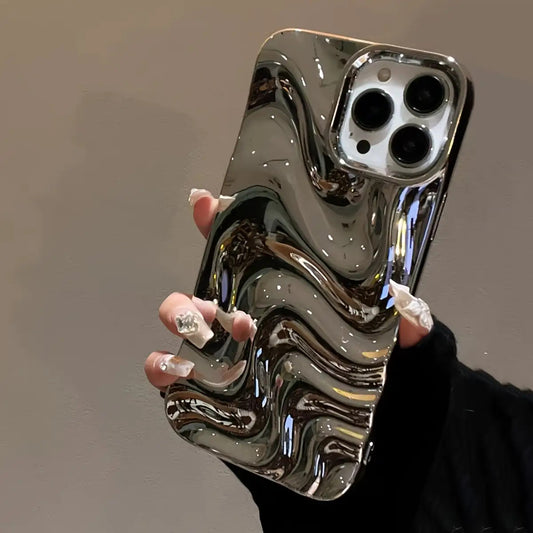 A Silver-Plated 3D Personalized Water Wave Pattern Phone Case Suitable for Iphone 11, Iphone 13, Iphone 14, Iphone 14 Pro Max, Iphone 15, Iphone 15 Pro, Iphone 15 Pro Max, Iphone 16, Iphone 16 Pro, Iphone 16 Pro, And Iphone 16 Pro Max.