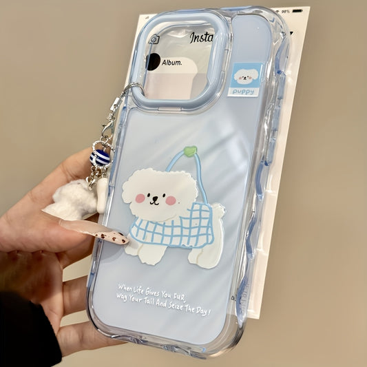 1pc Cute Cartoon Style Grille Bag Puppy Pendant Wavy Jelly Phone Case for Iphone16/11/13/15/15 Plus/15 Pro/15 Pro Max/12/14 Pro Max/11 Pro Max/12 Pro/12 Pro Max/13 Pro/13 Pro Max/14 Pro/14 Plus with Charming Back ~ Ripple Jelly-Blue Shell Blue Frame-Dog H