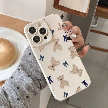 Cartoon Bear and Bow Pattern UV Printing Matte Phone Angel Eyes Soft Phone Case Cover 360 Degree Full Protection Suitable for iPhone 16 11 12 13 14 15 Pro Max XR X/ XS 7 8 Plus SE Mini for Smartphone
