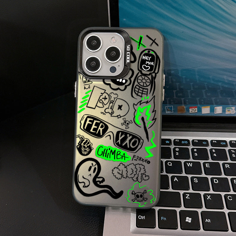 Street Trend: Black Mobile Phone Case, Graffiti and Text Patterns Bring a Trendy and Personal Touch, Suitable for iPhone 16 15, 14, 13, 12, 11 Pro Max, XS, XR