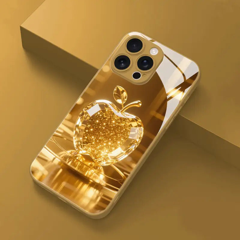 Stylish and Premium Golden Shiny Crystal Apple Pattern Phone Case Suitable for iPhone 16/16Pro/16ProMax/16Plus/16E/15/15Plus/15Pro/15Promax, 14/14Plus/14Pro/14Promax, 13/13Pro/13Promax, 12/12Pro/12Promax, 11/11Pro/11ProMax, High-Quality Glass Protection C