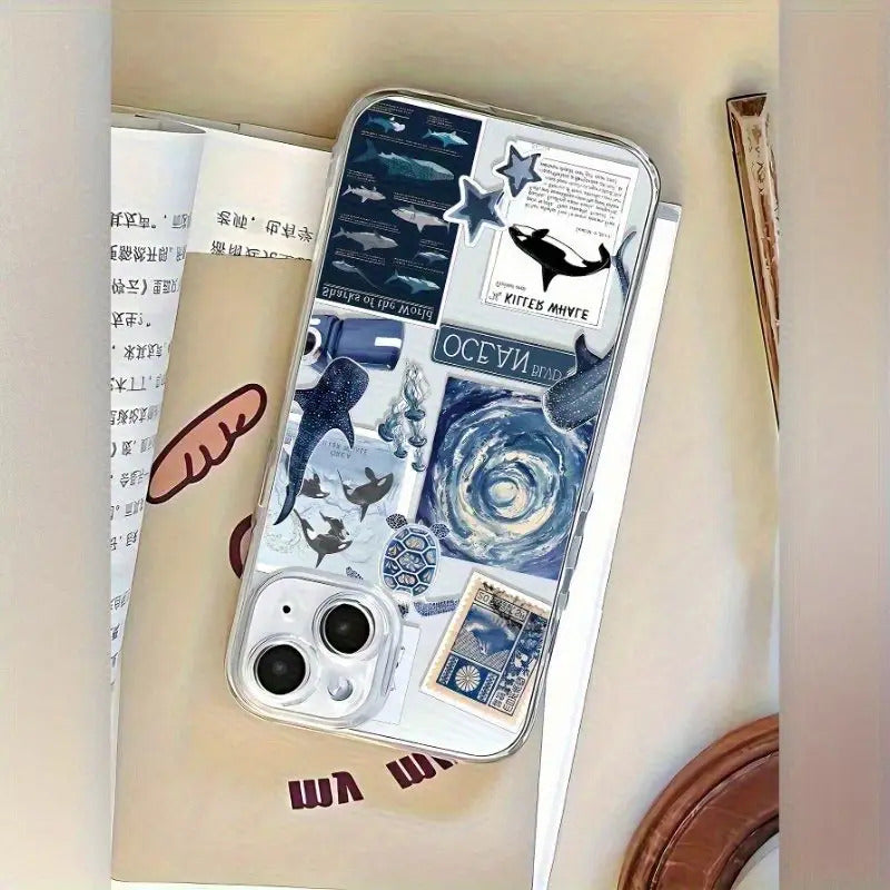 Transparent TPU Phone Case with Patterns of Ocean Sharks, Sea Turtles, And Jellyfish, Compatible with for iphone 16, 15, 14, 13, 12, 11, XS, XR, X, 7, 8, 12/13 Mini Plus Pro Max SE, Perfect for Birthday Or Valentine'S Day Gifts for Friends Or Partners.