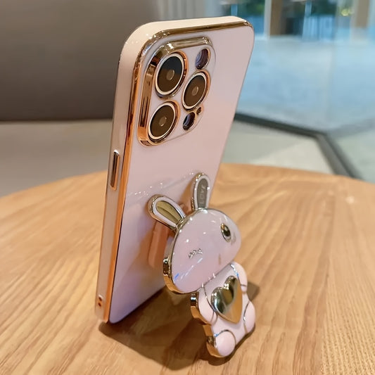 Designed for iPhone 11, iPhone 13, iPhone 14, iPhone 13 Pro Max, iPhone 14 Pro Max, iPhone 15, iPhone 15 Pro, iPhone 5 Pro Max, iPhone 16, iPhone 16 Pro, iPhone 16 Plus and iPhone 16 Pro Max Cute and Simple Electroplated Rabbit Holder Protective Case