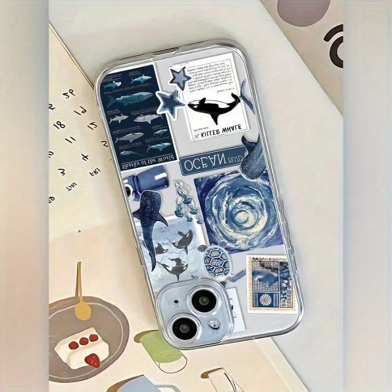 Transparent TPU Phone Case with Patterns of Ocean Sharks, Sea Turtles, And Jellyfish, Compatible with for iphone 16, 15, 14, 13, 12, 11, XS, XR, X, 7, 8, 12/13 Mini Plus Pro Max SE, Perfect for Birthday Or Valentine'S Day Gifts for Friends Or Partners.