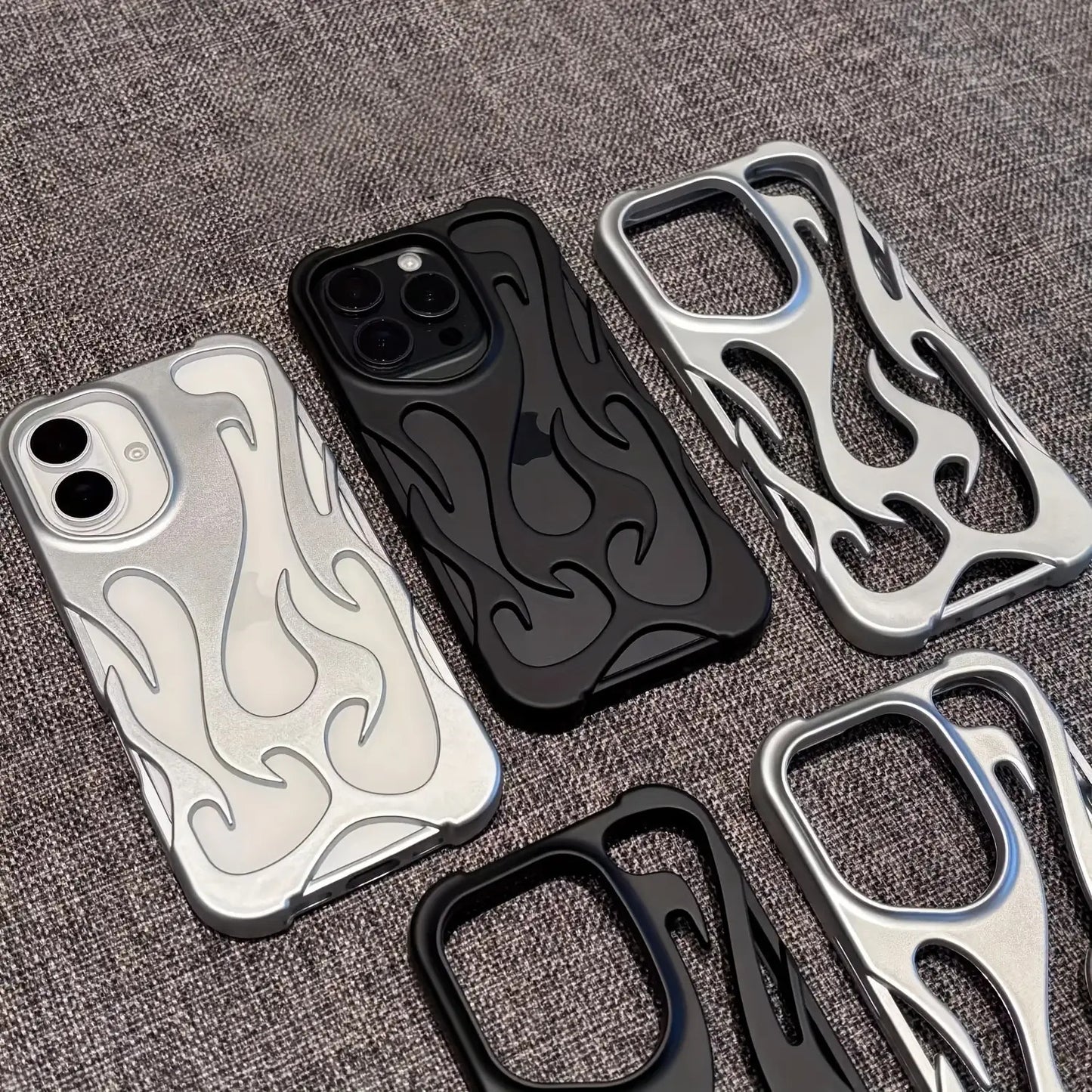 The New Creative Hollow Flame Pattern Phone Case Is Suitable for Iphone 16, 15, 14, 13, 12, And Promax, Featuring a Stylish Design with Ventilation for Drop Protection.