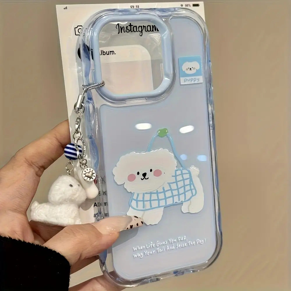 1pc Cute Cartoon Style Grille Bag Puppy Pendant Wavy Jelly Phone Case for Iphone16/11/13/15/15 Plus/15 Pro/15 Pro Max/12/14 Pro Max/11 Pro Max/12 Pro/12 Pro Max/13 Pro/13 Pro Max/14 Pro/14 Plus with Charming Back ~ Ripple Jelly-Blue Shell Blue Frame-Dog H