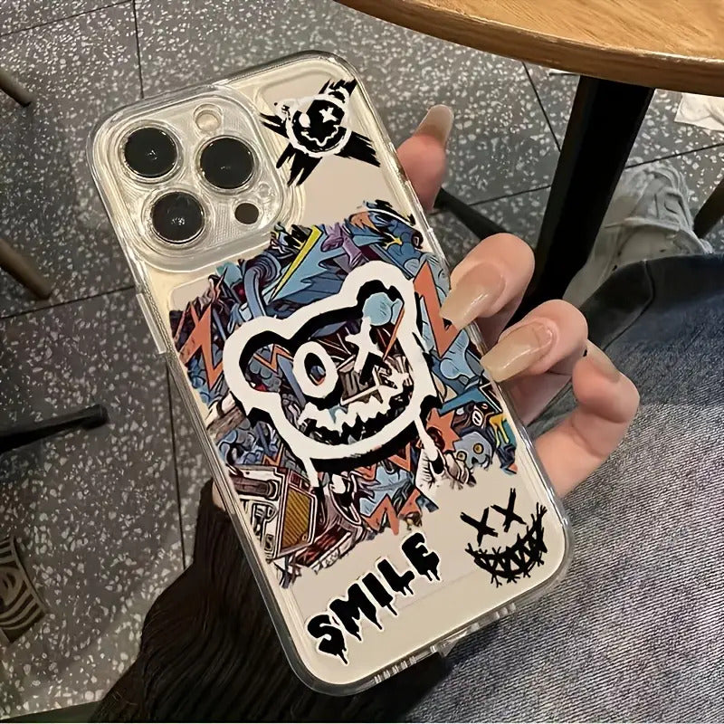 Super Cool Bear Graffiti Transparent Mobile Phone Case, Suitable for iPhone Models, Anti-fall, Protective Case, Popular Style