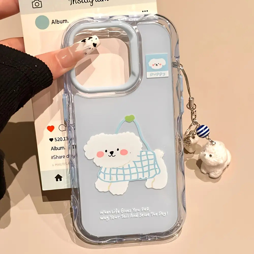 1pc Cute Cartoon Style Grille Bag Puppy Pendant Wavy Jelly Phone Case for Iphone16/11/13/15/15 Plus/15 Pro/15 Pro Max/12/14 Pro Max/11 Pro Max/12 Pro/12 Pro Max/13 Pro/13 Pro Max/14 Pro/14 Plus with Charming Back ~ Ripple Jelly-Blue Shell Blue Frame-Dog H