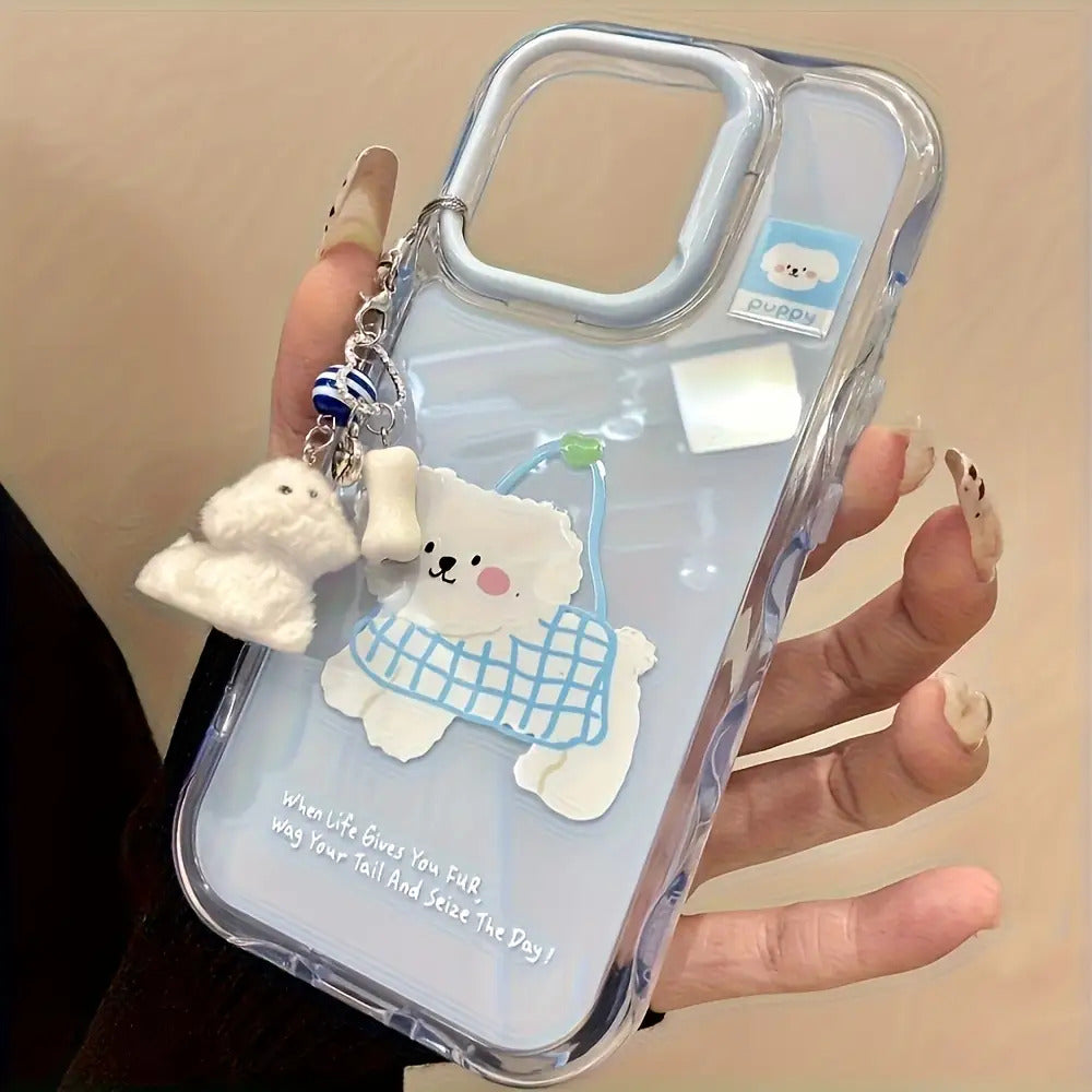 1pc Cute Cartoon Style Grille Bag Puppy Pendant Wavy Jelly Phone Case for Iphone16/11/13/15/15 Plus/15 Pro/15 Pro Max/12/14 Pro Max/11 Pro Max/12 Pro/12 Pro Max/13 Pro/13 Pro Max/14 Pro/14 Plus with Charming Back ~ Ripple Jelly-Blue Shell Blue Frame-Dog H