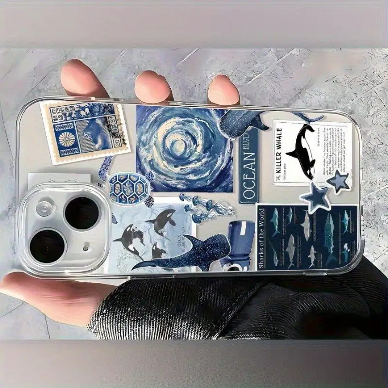 Transparent TPU Phone Case with Patterns of Ocean Sharks, Sea Turtles, And Jellyfish, Compatible with for iphone 16, 15, 14, 13, 12, 11, XS, XR, X, 7, 8, 12/13 Mini Plus Pro Max SE, Perfect for Birthday Or Valentine'S Day Gifts for Friends Or Partners.
