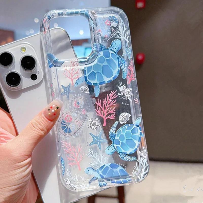 1pc Ocean Turtle Pattern Air Cushion Phone Case for Iphone 16 15 13 12 11 14 Pro Max Mini XR XS 7 8 14 15 Plus Transparent Protective Case